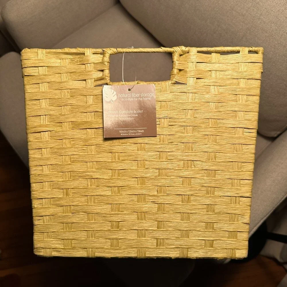 Yellow Woven Cord Tote Basket With Handles